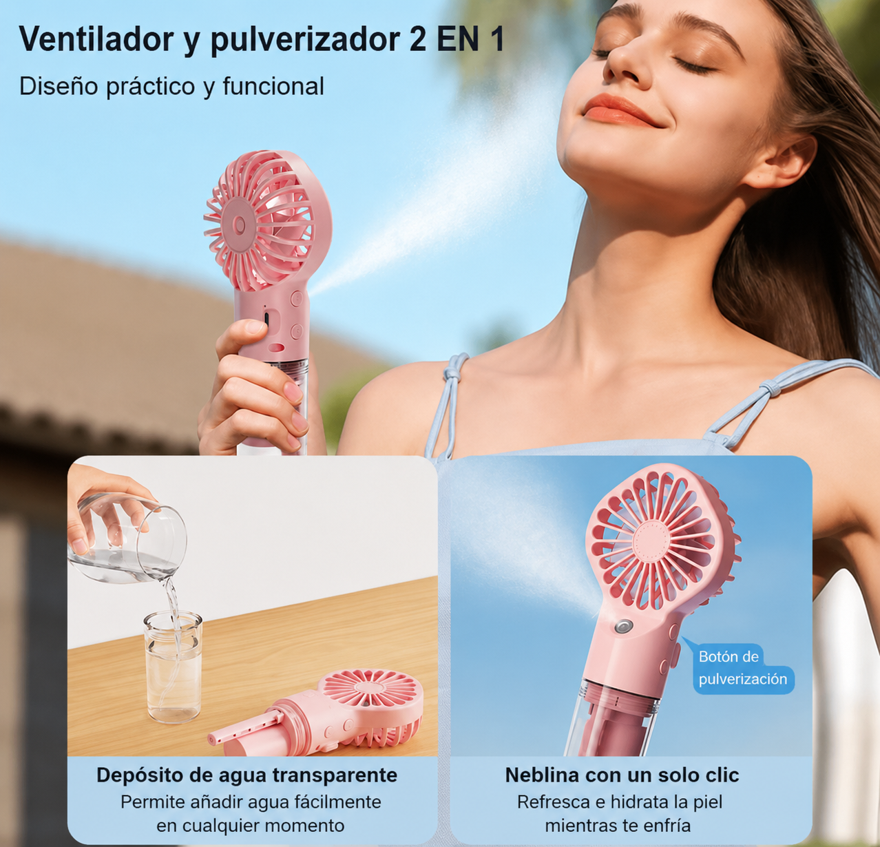 Ventilador portátil con pulverizador de agua 2 en 1 Mini ventilador de mano recargable por USB con función humidificadora y spray refrescante.