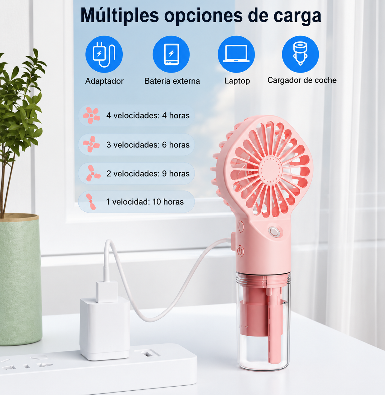 Ventilador portátil con pulverizador de agua 2 en 1 Mini ventilador de mano recargable por USB con función humidificadora y spray refrescante.