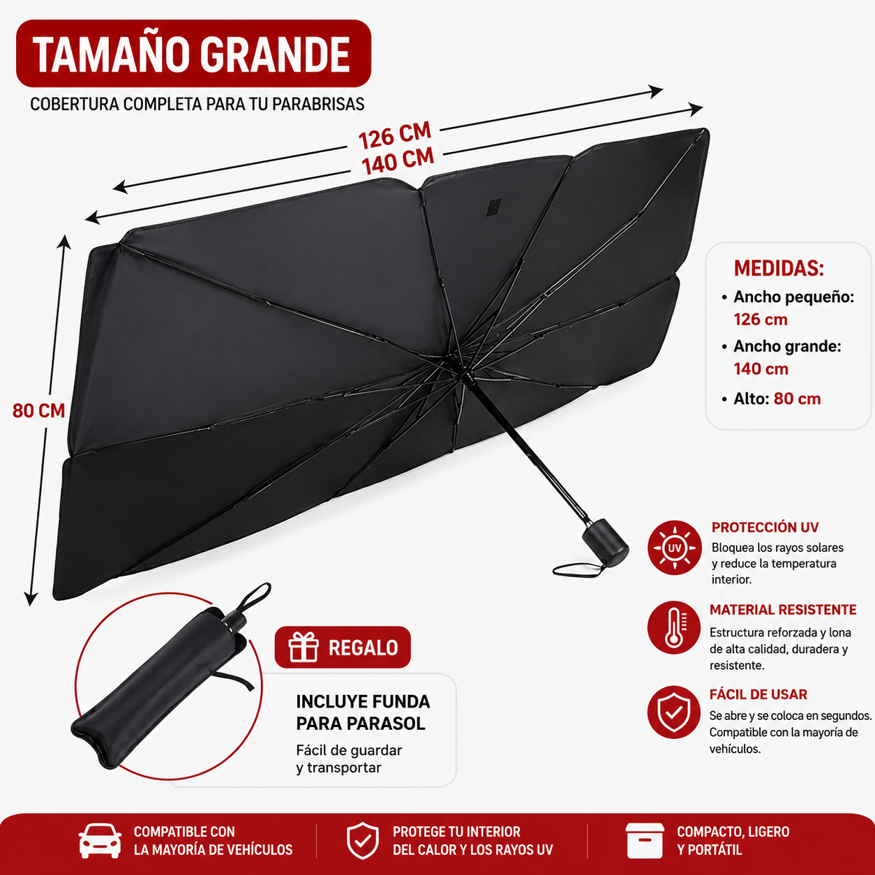 Parasol Tipo Paraguas para Coche | Reduce el Calor y Protege el Interior