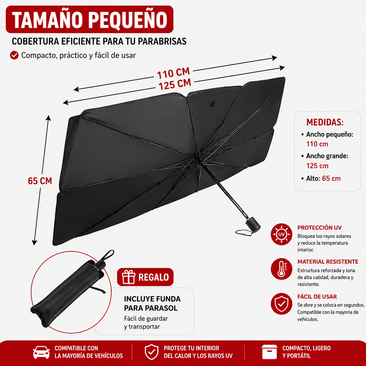 Parasol Tipo Paraguas para Coche | Reduce el Calor y Protege el Interior