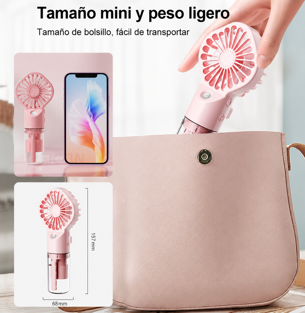 Ventilador portátil con pulverizador de agua 2 en 1 Mini ventilador de mano recargable por USB con función humidificadora y spray refrescante.