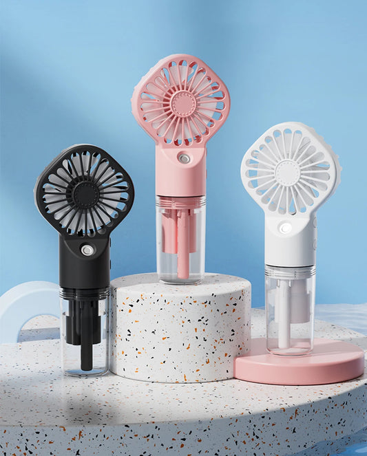 Ventilador portátil con pulverizador de agua 2 en 1 Mini ventilador de mano recargable por USB con función humidificadora y spray refrescante.